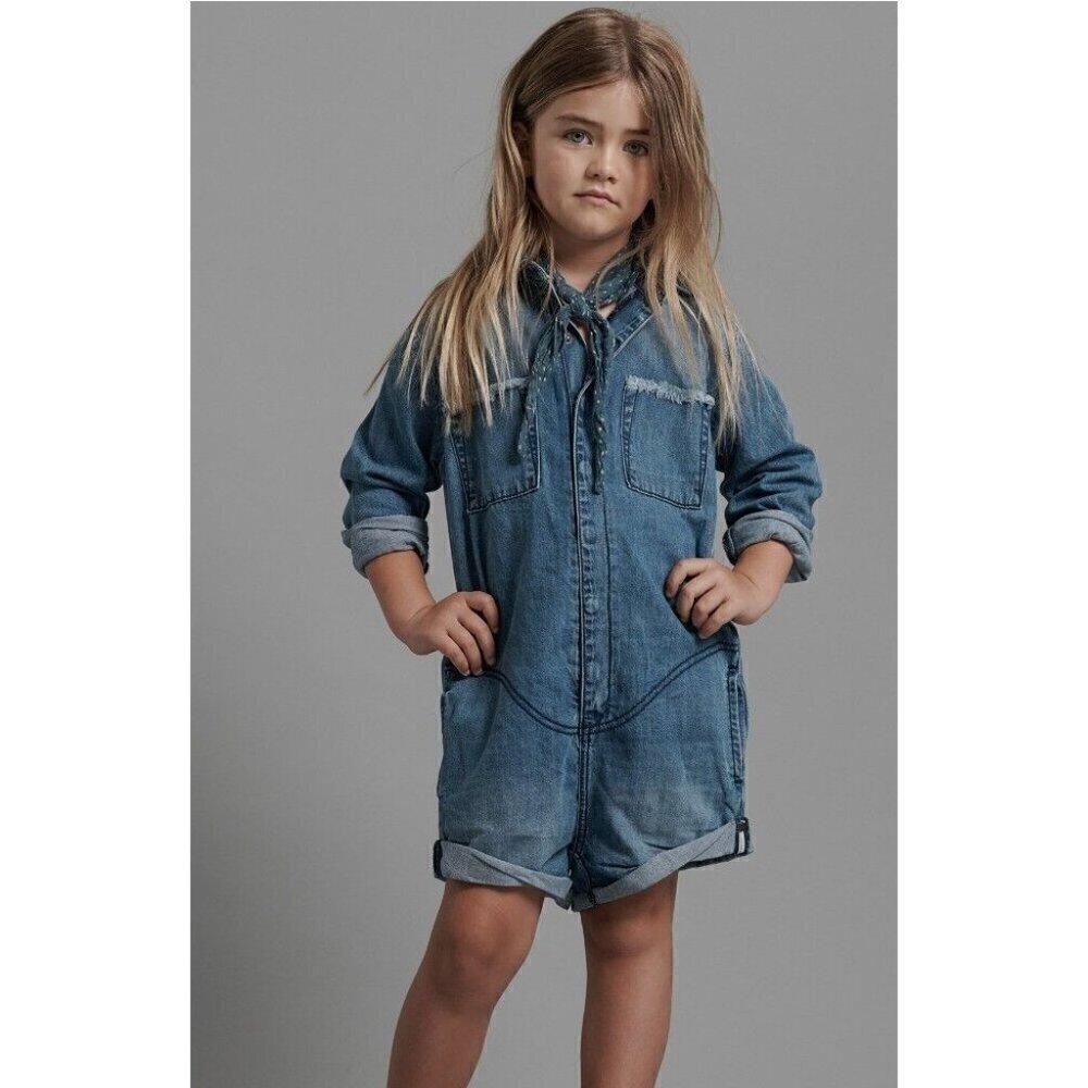 New One Teaspoon Ranch Denim Jumpsuit Girls Kids 6-7 Prophecy Blue Long Sleeve